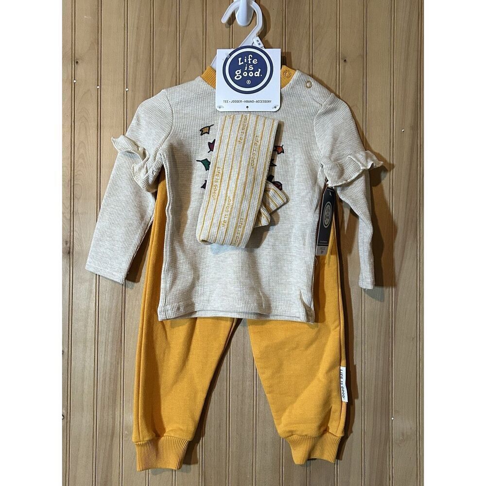 Life Is Good 3 Piece Set Shirt, Pants & Headband 18 Months Pumpkin Leaves Dog